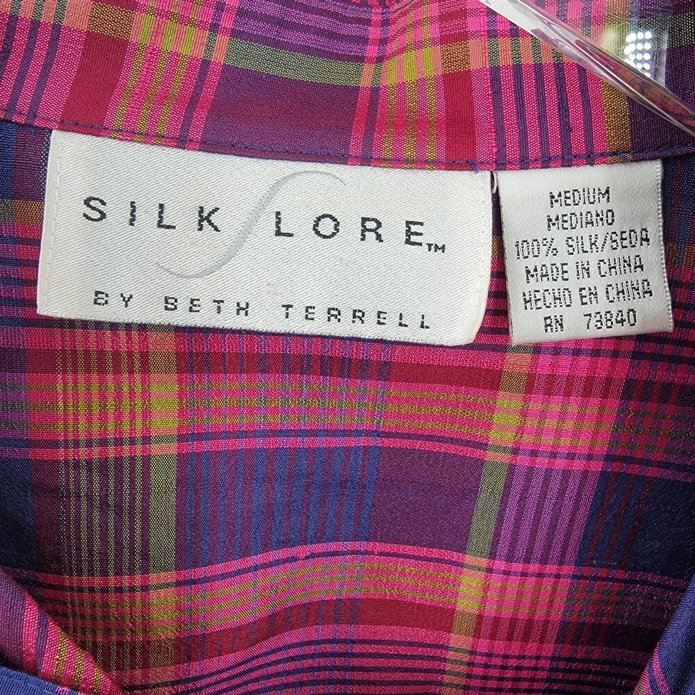 Silk Lore Blouse Womens Medium Silk Plaid Button Up - Picture 7 of 8